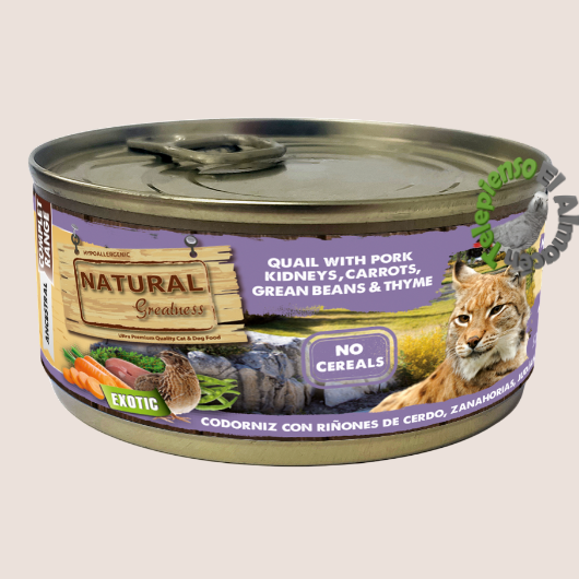 Natural Greatness Cat Lata Codorniz con Riñones de cerdo, Zanahorias, Judías y Tomillo