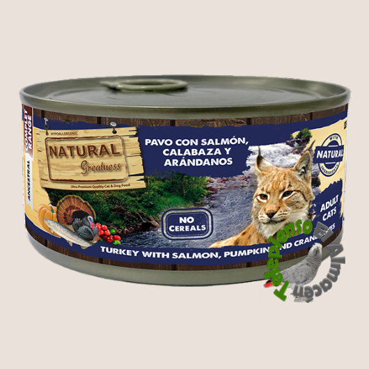 Natural Greatness Cat - Lata Pavo con Salmón, Calabaza y Arándanos 185 g